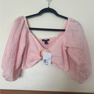 NTW Forever 21 Eyelet O-Ring Smocked Crop Top light pink